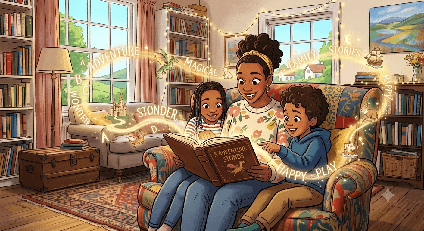 Happy family reading a magical storybook